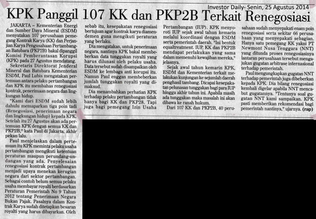 KPK Panggil 107 KK dan PKP2B Terkait Renegosiasi