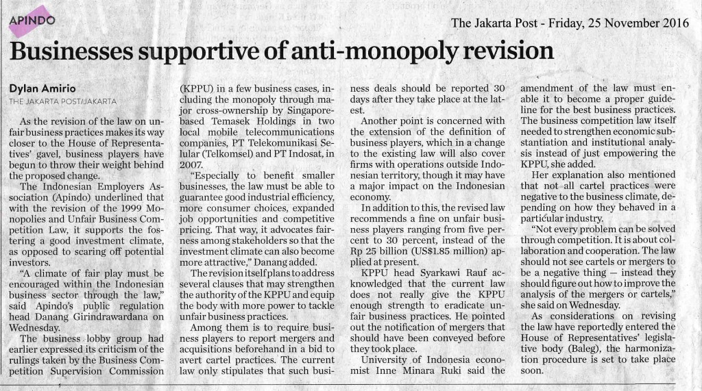 APINDO- Businesses supportive of anti monopoly revision