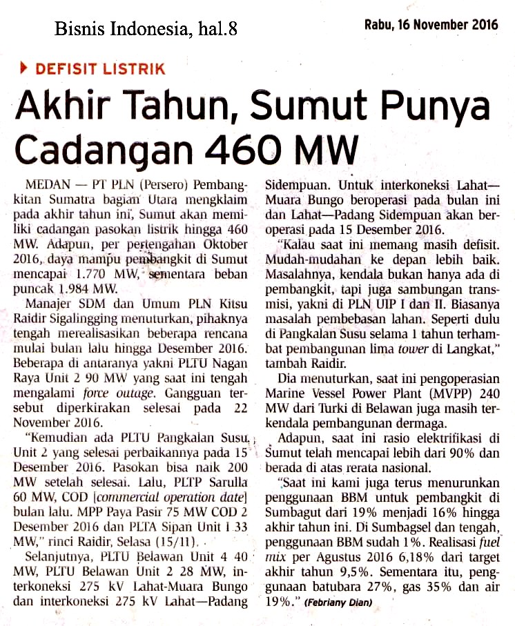 Akhir Tahun, Sumut Punya Cadangan 460 MW