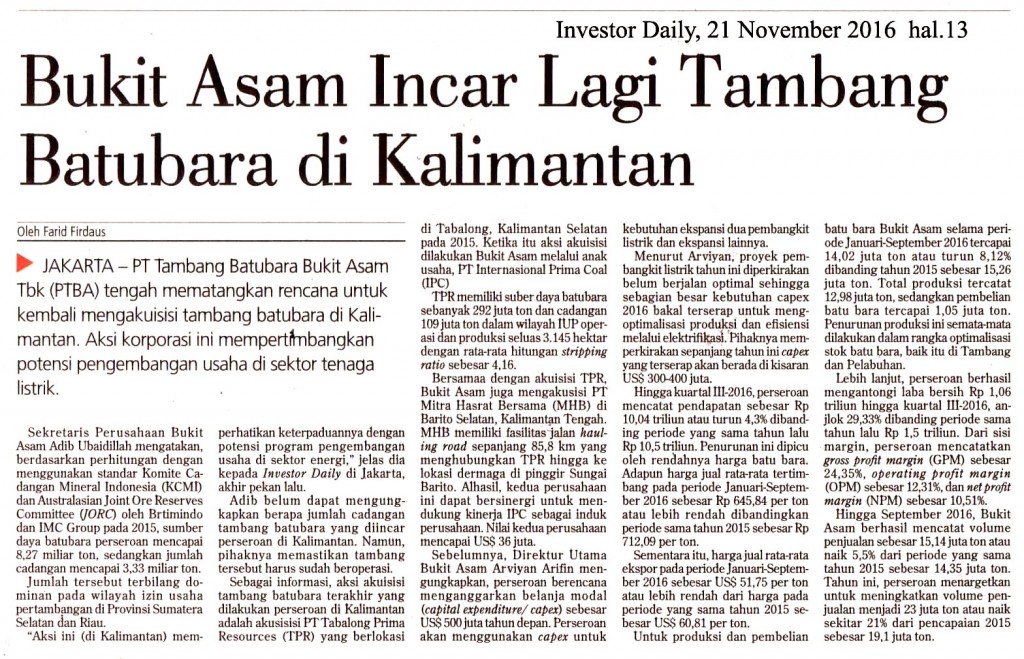 Bukit Asam Incar Lagi Tambang Batubara di Kalimantan