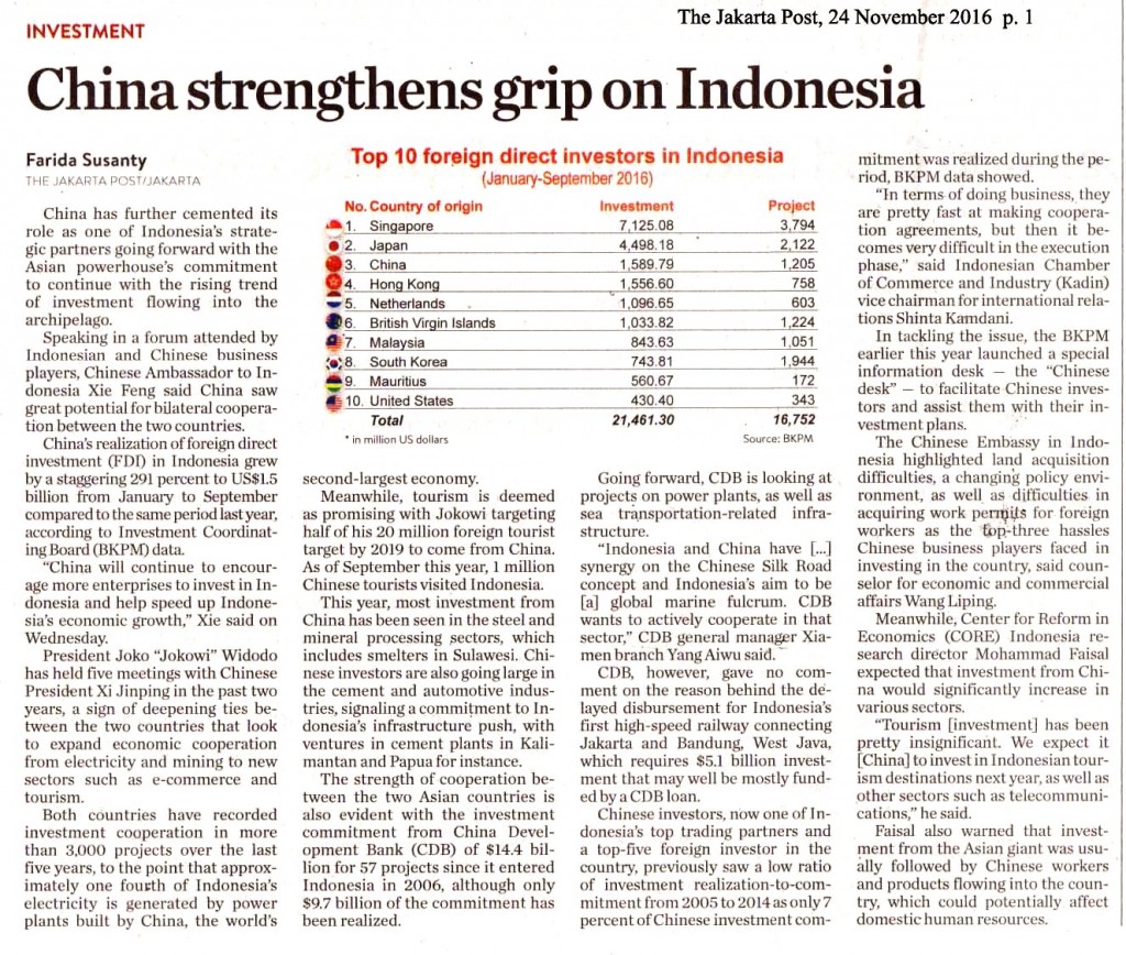 China strengthens grip on Indonesia