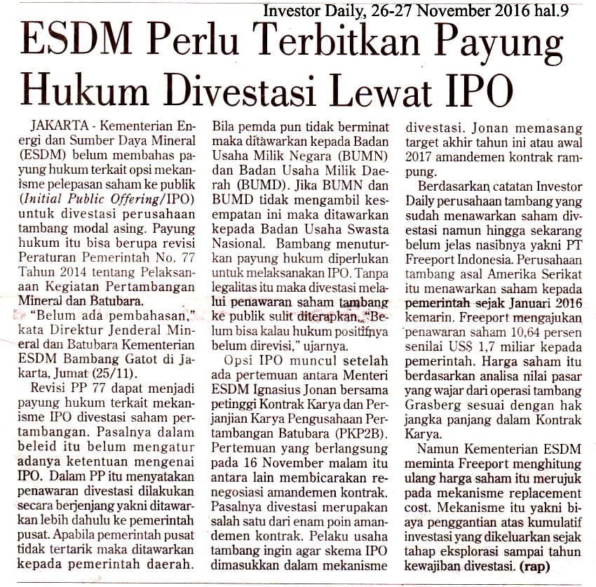 ESDM Perlu Terbitkan Payung Hukum Divestasi Lewat IPO
