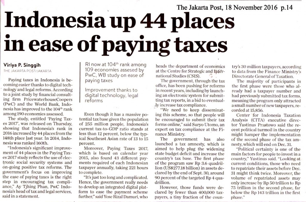 Indonesia up 44 places in ease of paying taxes