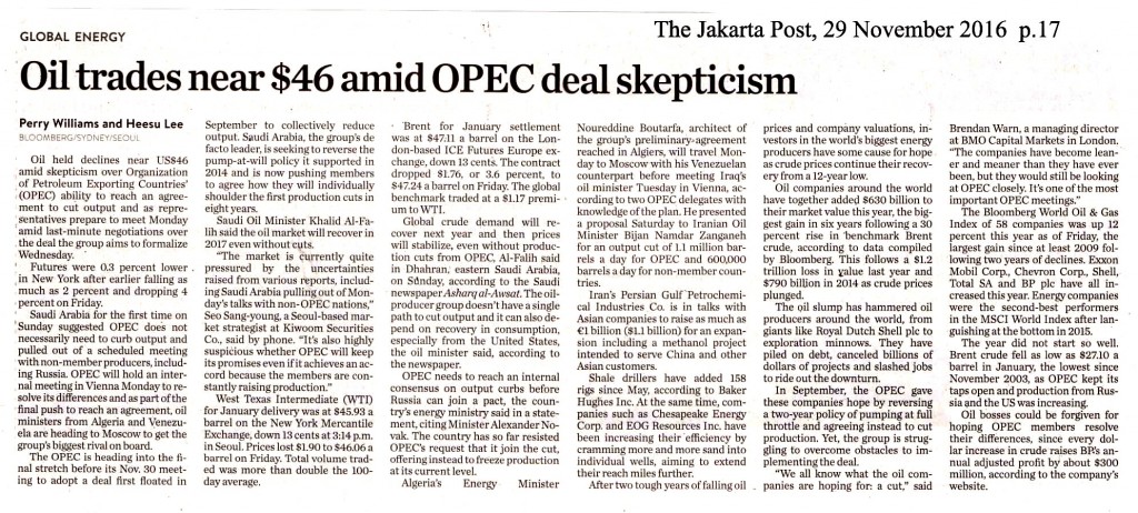 Oil trades near $46 amid OPEC deal skepticism