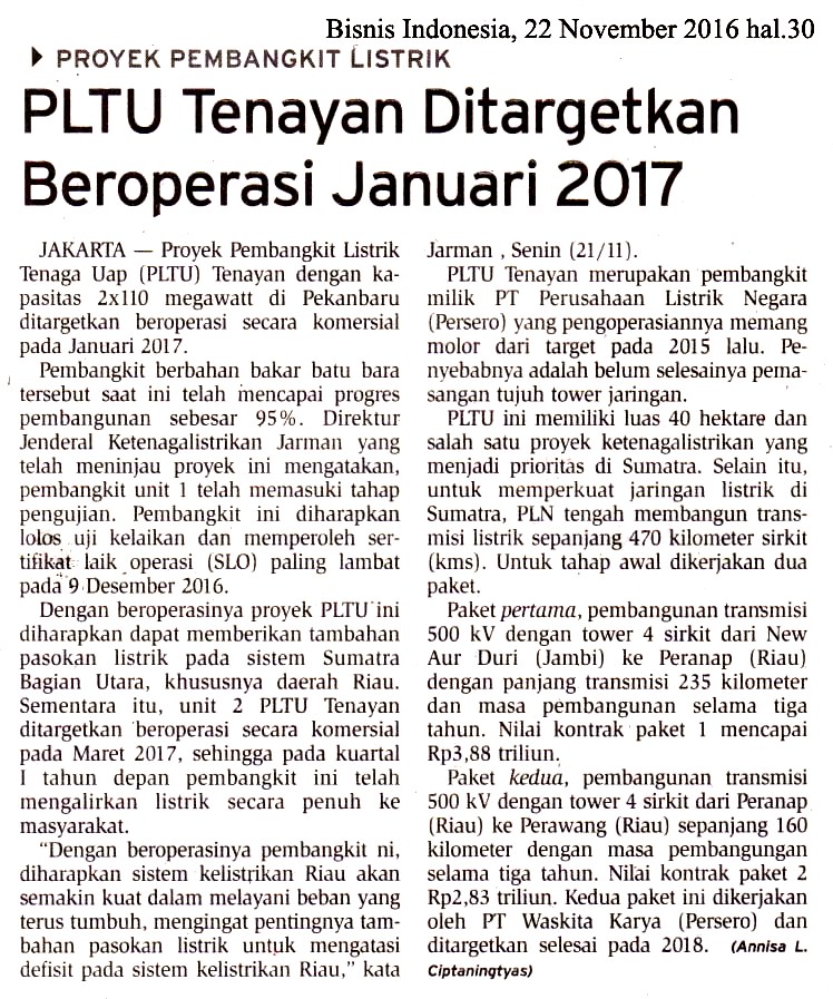 PLTU Tenayan Ditargetkan Beroperasi Januari 2017
