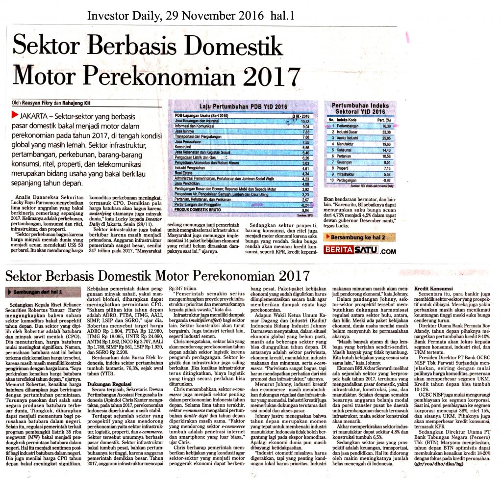 Sektor Berbasis Domestik Motor Perekonomian 2017