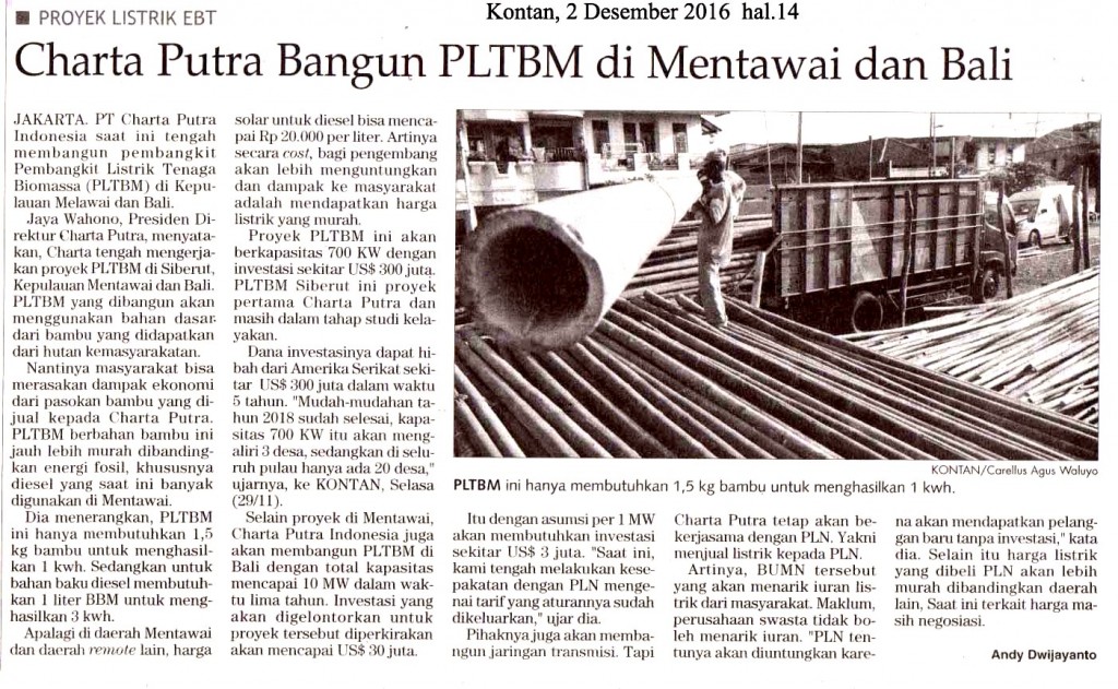Charta Putra Bangun PLTBM di Mentawai dan Bali