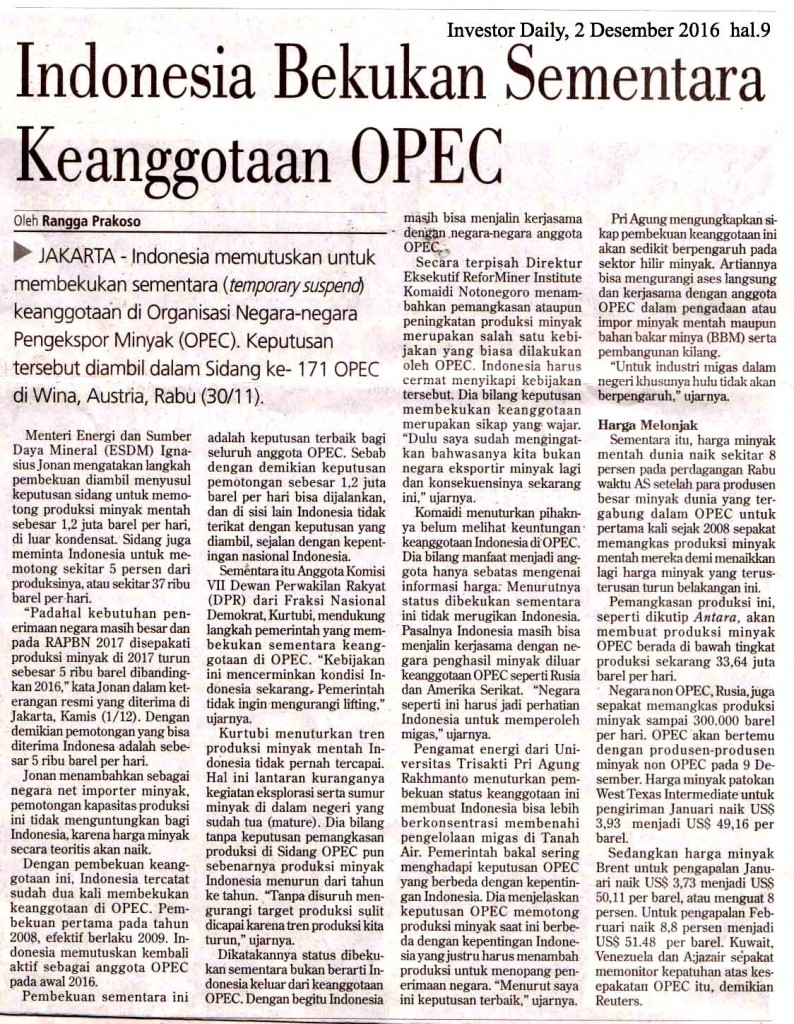 Indonesia Bekukan Sementara Keanggotaan OPEC