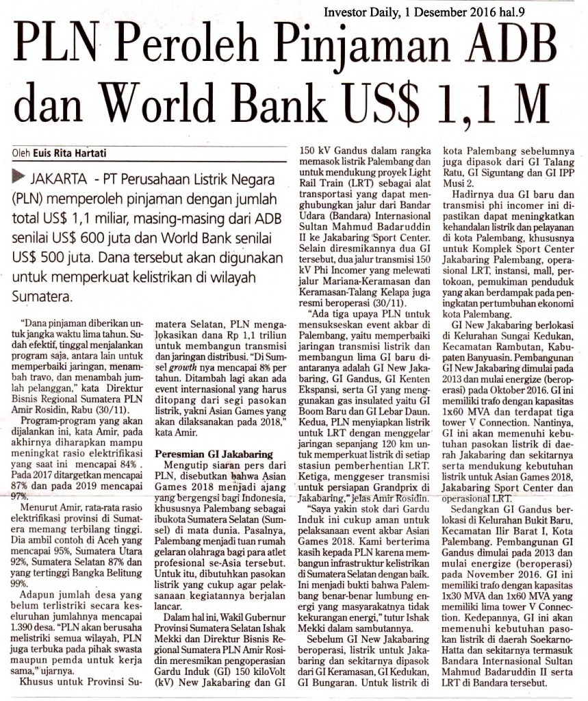PLN Peroleh Pinjaman ADB dan World Bank UKS$ 1,1 M