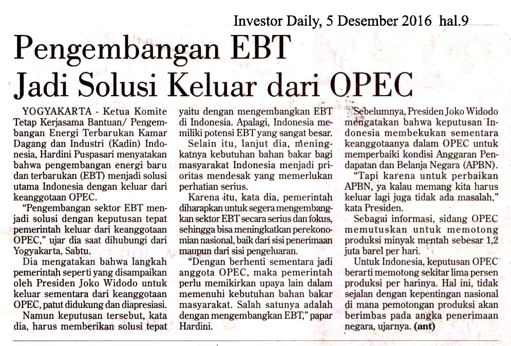 Pengembangan EBT Jadi Solusi Keluar dari OPEC