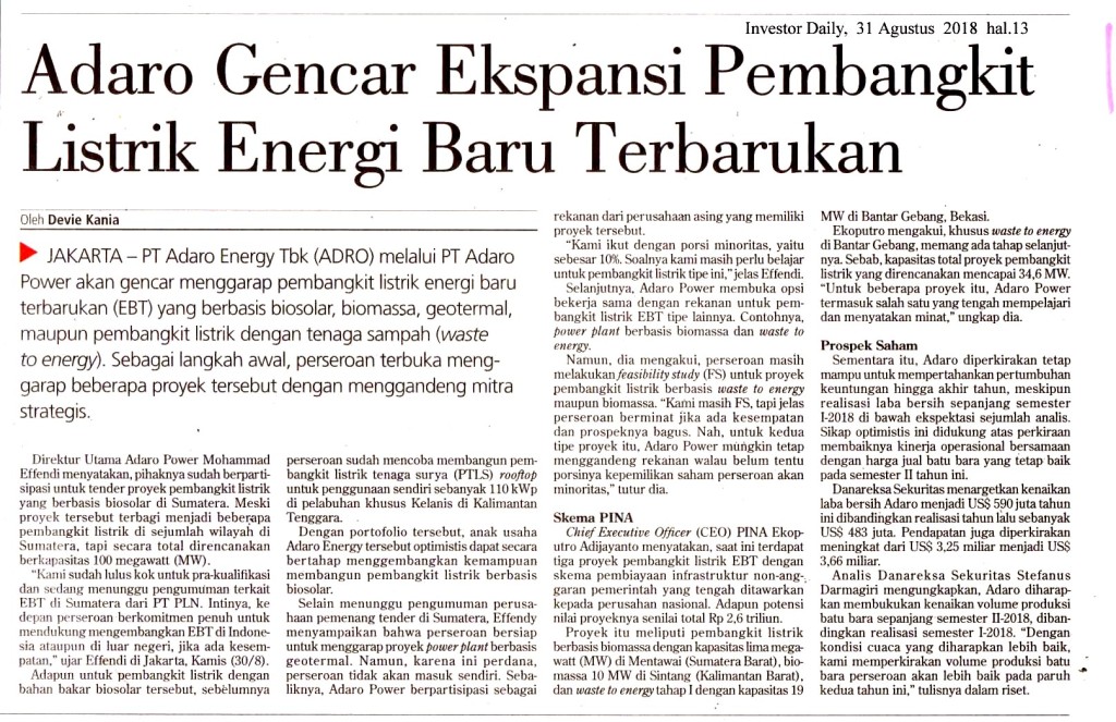 Adaro Gencar Ekspansi Pembangkit Listrik Energi Baru Terbarukan