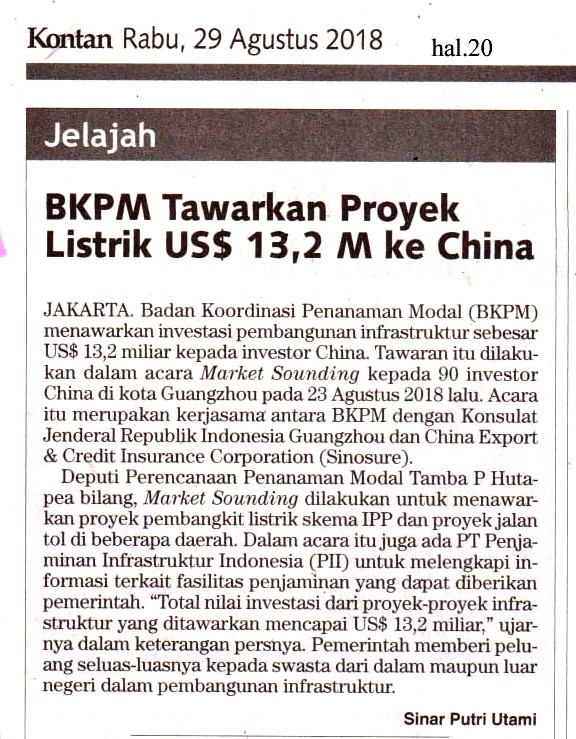 BKPM Tawarkan Proyek Listrik US$13,2 M ke China