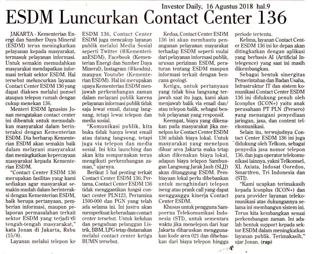 ESDM Luncurkan Contact Center 136