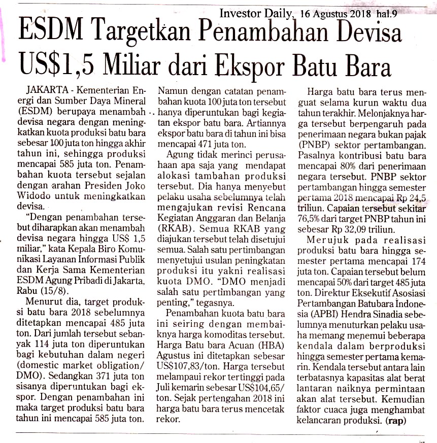ESDM Targetkan Penambahan Devisa US$1,5 Miliar dari Ekspor Batu Bara
