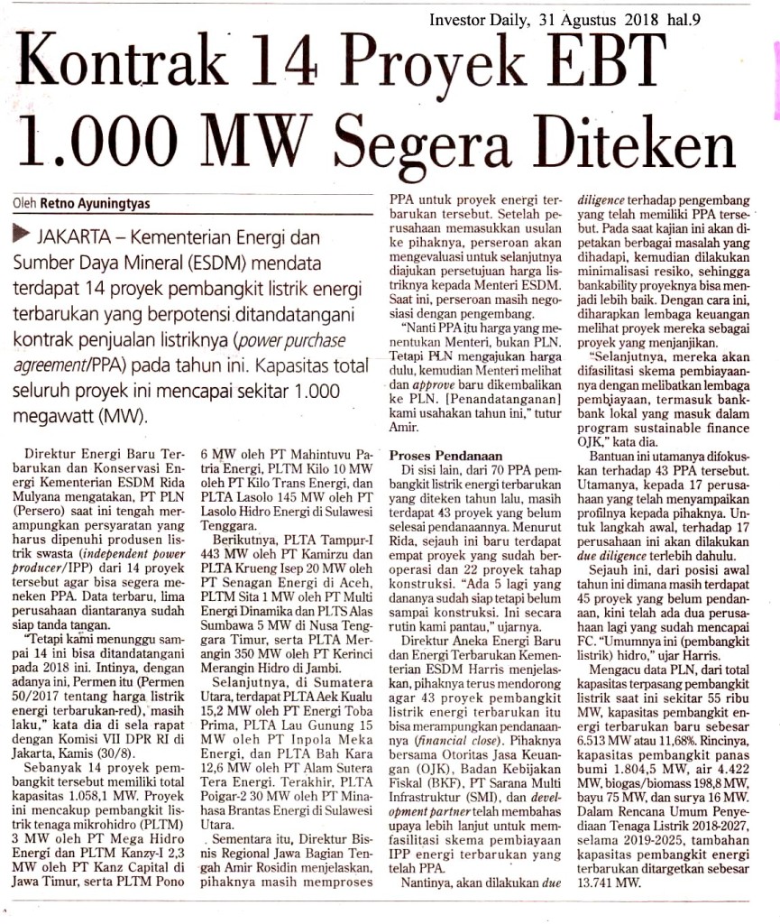 Kontrak 14 Proyek EBT 1.000 MW Segera Diteken