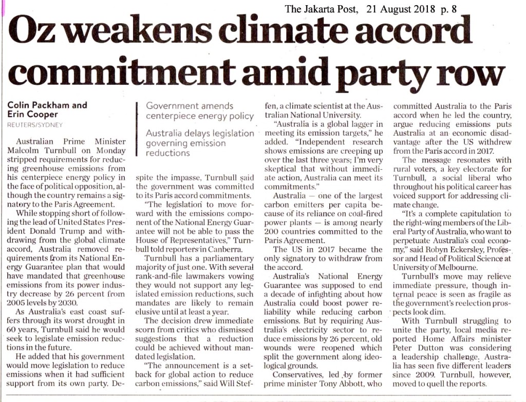 Oz weakens climate accord commitment amid party row
