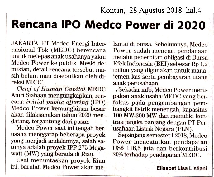 Rencana IPO Medco Power di 2020