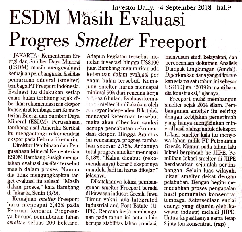 ESDM Masih Evaluasi Progres Smelter Freeport