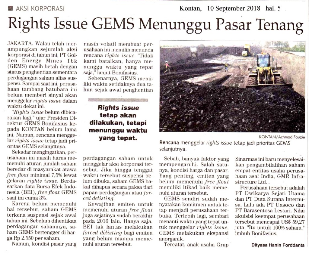 Rights Issue GEMS Menunggu Pasar Tenang