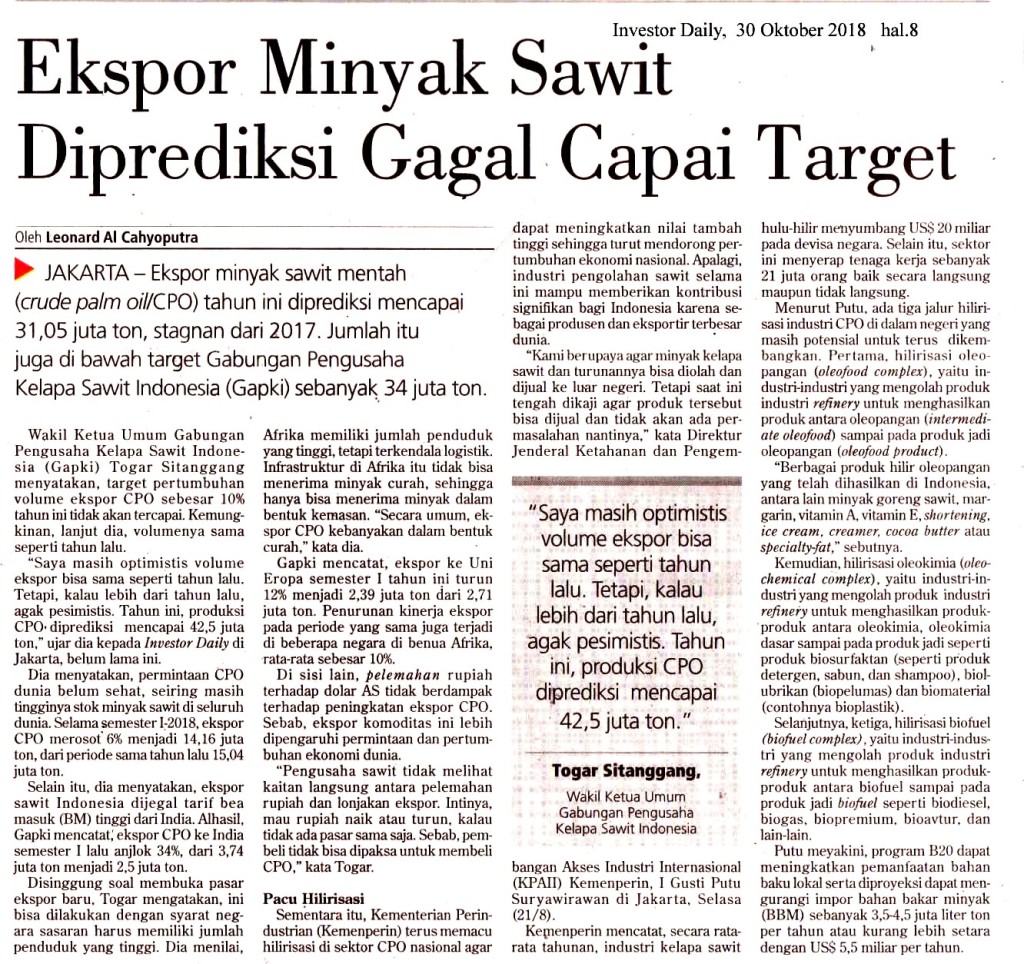 Ekspor Minyak Sawit Diprediksi Gagal Capai Target