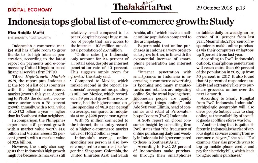 Indonesia tops global list of e-commerce growth
