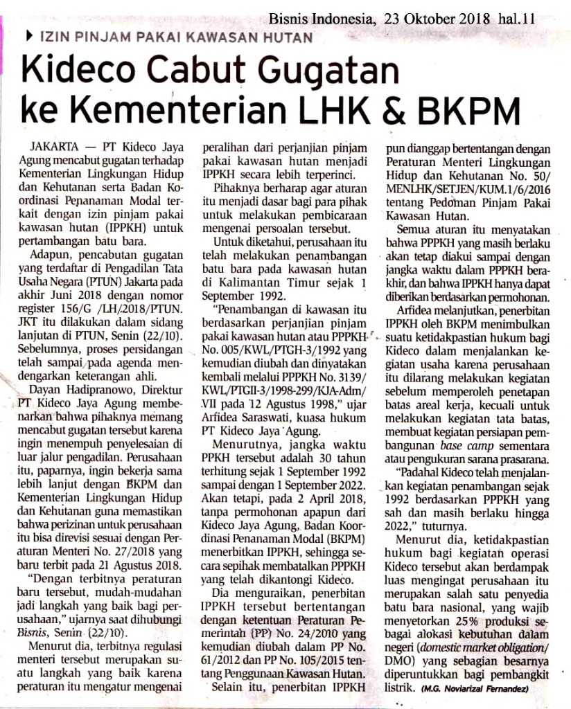 Kideco Cabut Gugatan Ke Kementerian LHK & BKPM