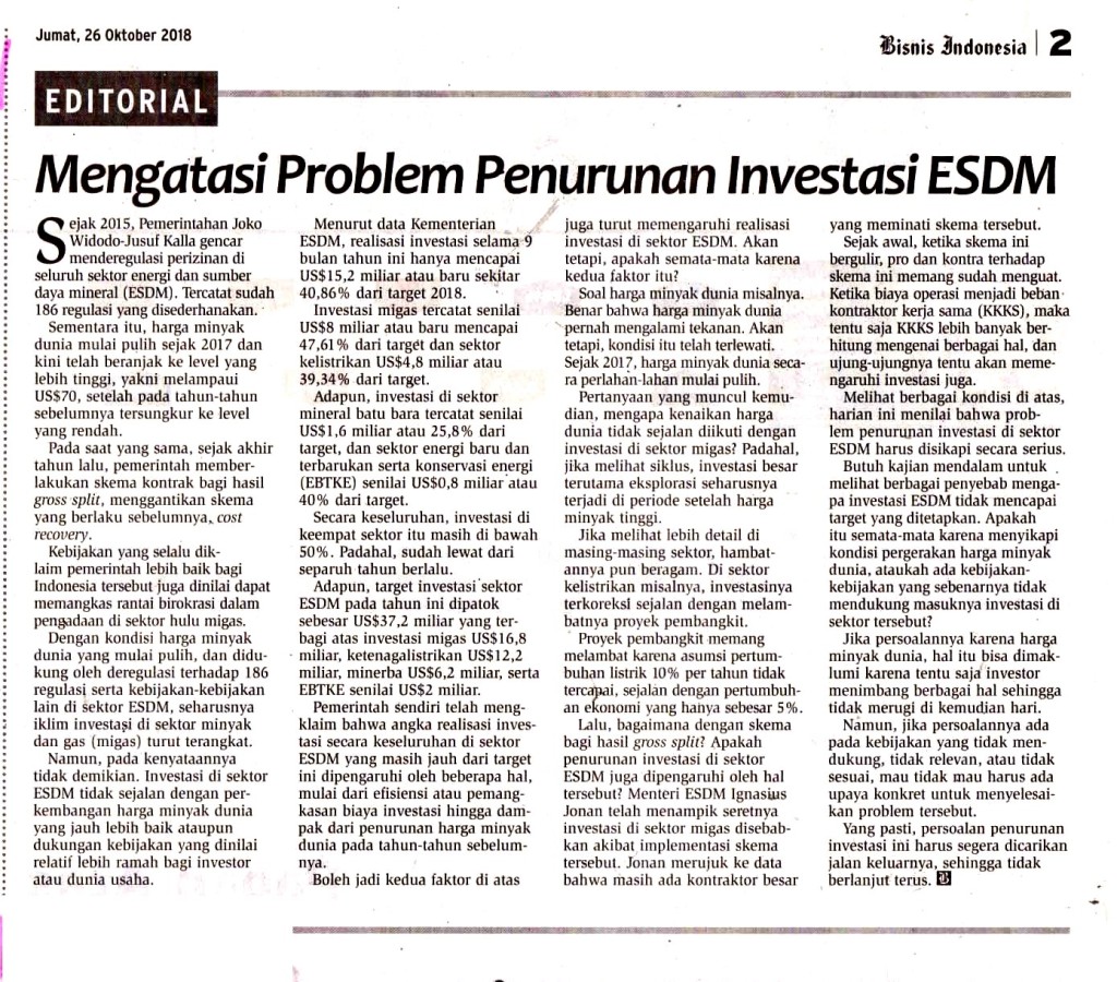 Mengatasi Problem Penurunan Investasi ESDM