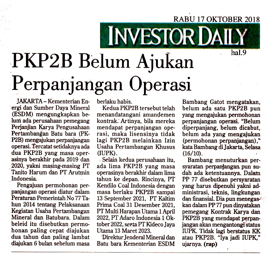 PKP2B Belum Ajukan Perpanjangan Operasi