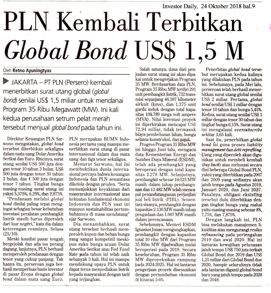 PLN Kembali Terbitkan Global Bond US$ 1,5 M