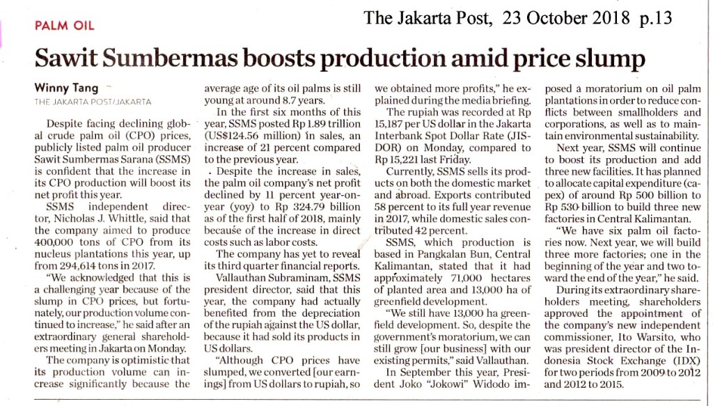 Sawit Sumbermas boosts production amid price slump
