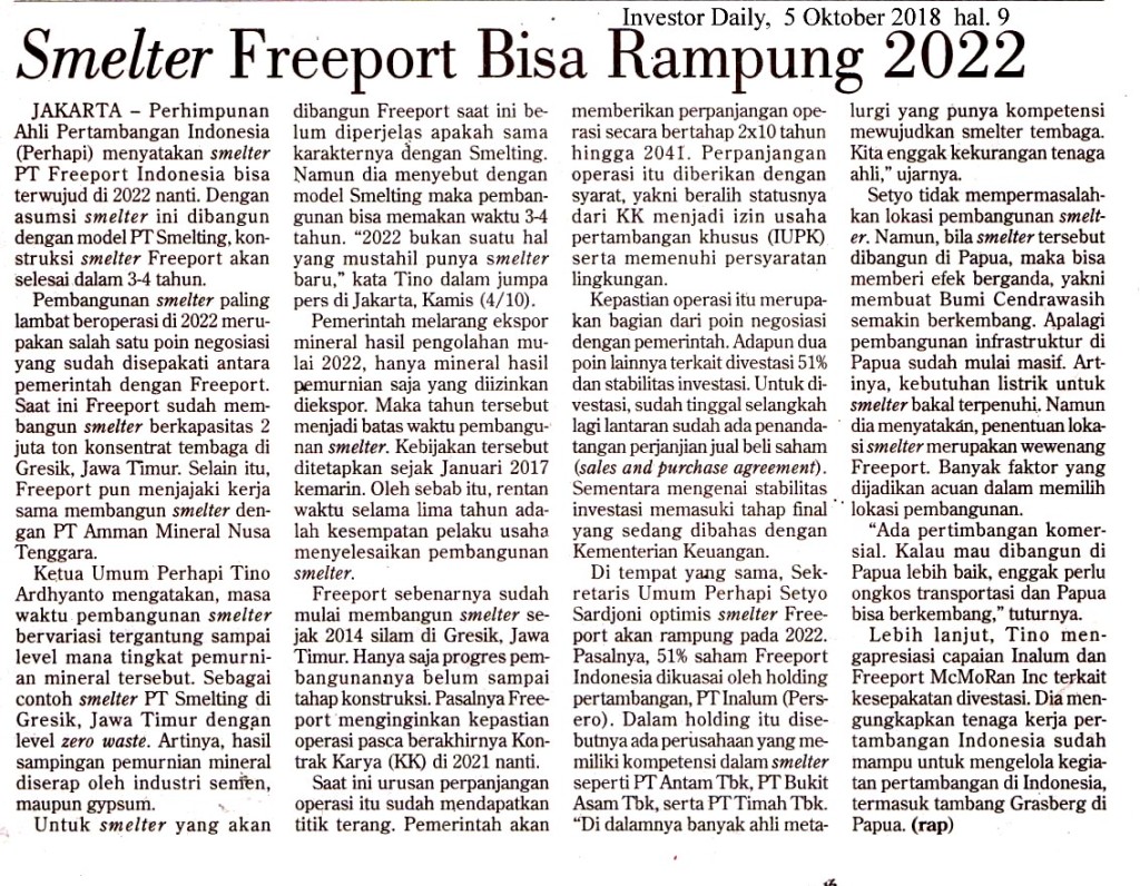 Smelter Freeport Bisa Rampung 2022